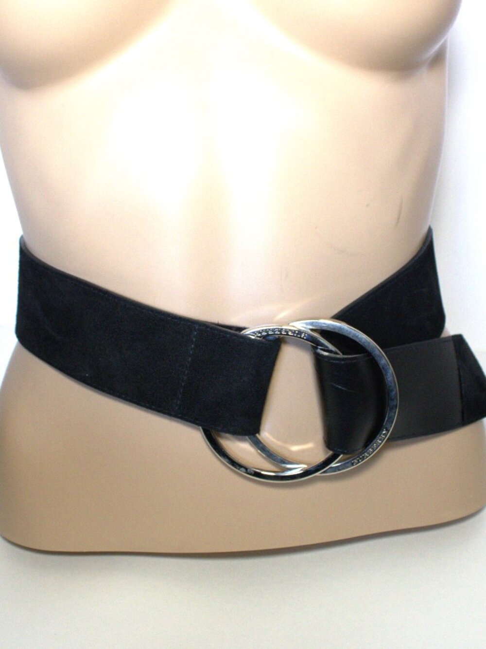 Burberry, Black Suede Belt with Silver O Rings. Burberry Logos on Rings